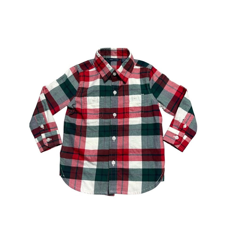 Janie and Jack Button Up Shirt boys 18-24 Months Red Green Plaid Flannel
